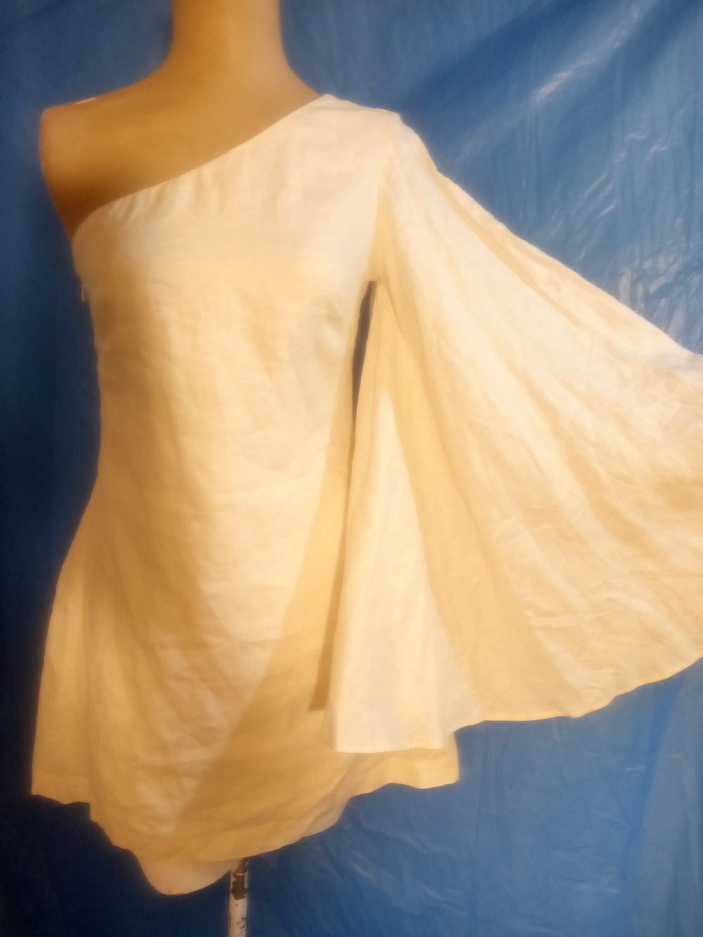 One-Shoulder Cream Linen Dress with Draped Bell Sleeve